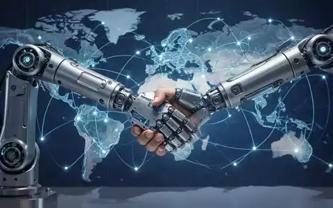 Ein Roboterarm schüttelt eine menschliche Hand, dahinter eine leuchtende Weltkarte. Symbolisiert globale Zusammenarbeit in der Robotik. - Foto: über boerse-global.de