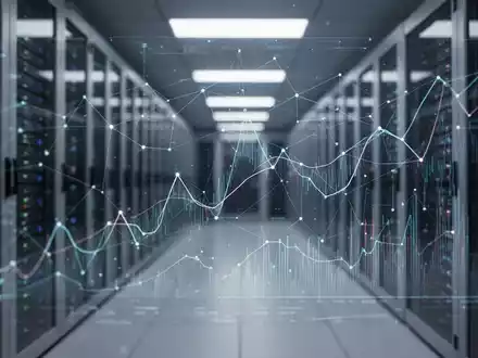 Ein futuristisches digitales Interface mit komplexen Datenmustern und Netzwerkverbindungen, überlagert vor einem unscharfen Serverraum. - Foto: über boerse-global.de