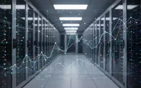 Ein futuristisches digitales Interface mit komplexen Datenmustern und Netzwerkverbindungen, überlagert vor einem unscharfen Serverraum. - Foto: über boerse-global.de