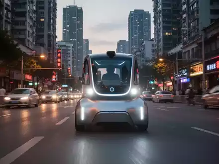 Ein schlankes, fahrerloses Lieferfahrzeug mit beleuchteten Scheinwerfern fährt in der Dämmerung durch eine moderne chinesische Stadt. - Foto: über boerse-global.de
