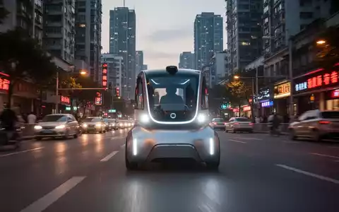 Ein schlankes, fahrerloses Lieferfahrzeug mit beleuchteten Scheinwerfern fährt in der Dämmerung durch eine moderne chinesische Stadt. - Foto: über boerse-global.de
