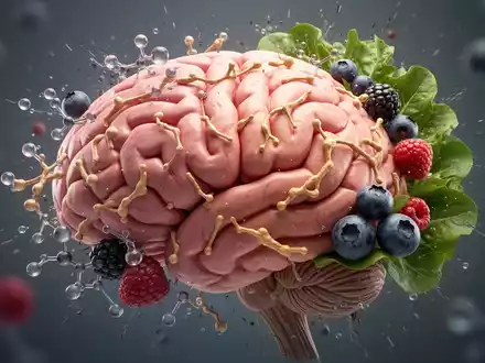 Ein stilisiertes menschliches Gehirn, umgeben von Cholesterinpartikeln und gesunden Lebensmitteln wie Beeren und grünem Blattgemüse. - Foto: über boerse-global.de