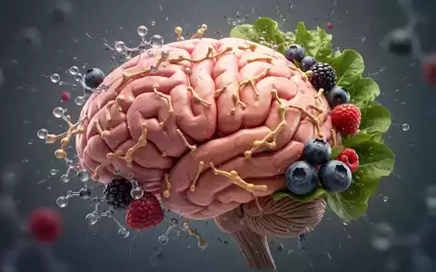 Ein stilisiertes menschliches Gehirn, umgeben von Cholesterinpartikeln und gesunden Lebensmitteln wie Beeren und grünem Blattgemüse. - Foto: über boerse-global.de
