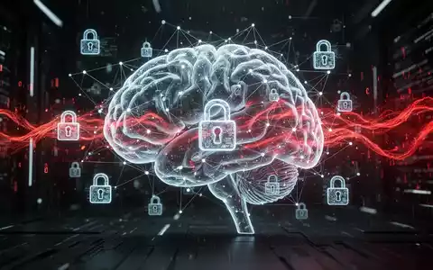 Leuchtendes, abstraktes KI-Gehirn mit digitalen Schlosssymbolen und rotem Datenstrom, das intelligente Cyber-Bedrohungen und Datenlecks darstellt. - Foto: über boerse-global.de