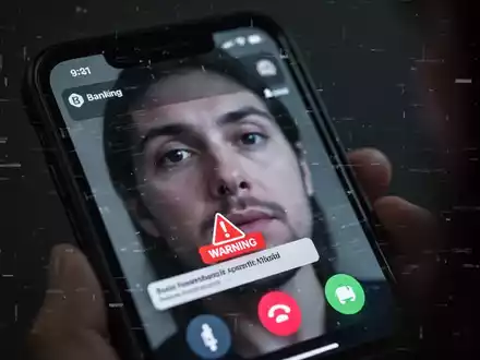 Nahaufnahme eines Smartphone-Bildschirms mit einem FaceTime-Anruf und einer Banking-App, die eine Warnung anzeigt, um Betrug darzustellen. - Foto: über boerse-global.de