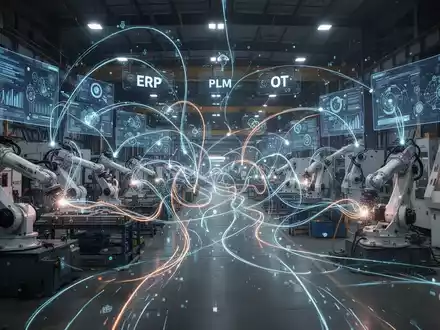 Ein komplexes Netzwerk aus leuchtenden digitalen Linien verbindet Industriemaschinen und Bildschirme in einer modernen Fabrik. - Foto: über boerse-global.de