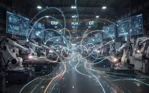 Ein komplexes Netzwerk aus leuchtenden digitalen Linien verbindet Industriemaschinen und Bildschirme in einer modernen Fabrik. - Foto: über boerse-global.de