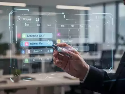 Eine Hand löscht Kalendereinträge auf einem transparenten digitalen Bildschirm, mit einem unscharfen Bürohintergrund. - Foto: über boerse-global.de