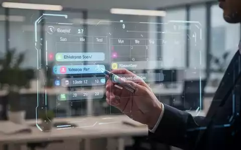 Eine Hand löscht Kalendereinträge auf einem transparenten digitalen Bildschirm, mit einem unscharfen Bürohintergrund. - Foto: über boerse-global.de