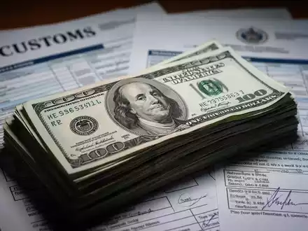 Ein Stapel US-Dollar-Banknoten mit unscharfen Zollformularen und Regierungsdokumenten im Hintergrund, der Zollrückzahlungen darstellt. - Foto: über boerse-global.de