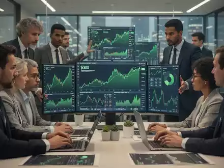 Finanzexperten analysieren digitale Diagramme und Daten, die ESG-Investitionen und Unternehmensanleihen darstellen. - Foto: über boerse-global.de