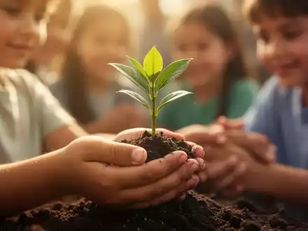Eine Kinderhand hält einen kleinen grünen Pflanzenspross, der Hoffnung und Wachstum in einer schützenden Umgebung symbolisiert. - Foto: über boerse-global.de