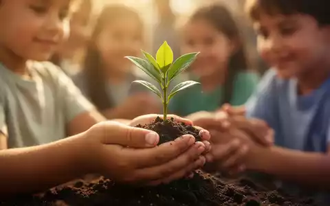 Eine Kinderhand hält einen kleinen grünen Pflanzenspross, der Hoffnung und Wachstum in einer schützenden Umgebung symbolisiert. - Foto: über boerse-global.de