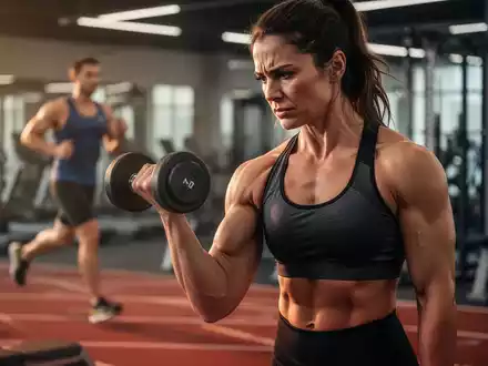 Eine konzentrierte Frau beim Krafttraining mit einer Hantel in einem modernen Fitnessstudio, im Hintergrund ein unscharfer Läufer. - Foto: über boerse-global.de