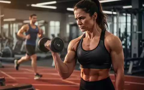 Eine konzentrierte Frau beim Krafttraining mit einer Hantel in einem modernen Fitnessstudio, im Hintergrund ein unscharfer Läufer. - Foto: über boerse-global.de