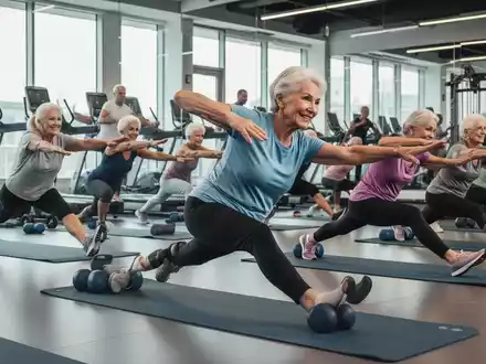 Senioren trainieren auf Yogamatten in einem hellen Fitnessstudio und führen Kernübungen durch, um die Muskeln zu stärken. - Foto: über boerse-global.de