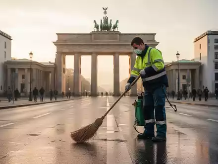 Eine Person kehrt eine saubere Straße in Berlin, mit dem Brandenburger Tor im Hintergrund, bei Sonnenaufgang. - Foto: über boerse-global.de