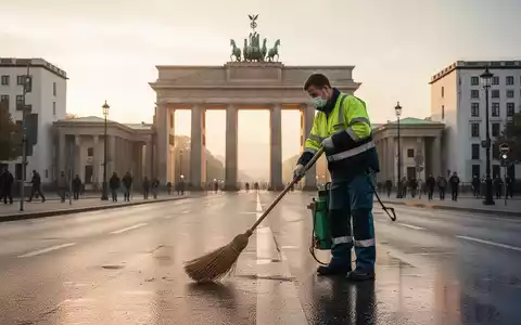 Eine Person kehrt eine saubere Straße in Berlin, mit dem Brandenburger Tor im Hintergrund, bei Sonnenaufgang. - Foto: über boerse-global.de