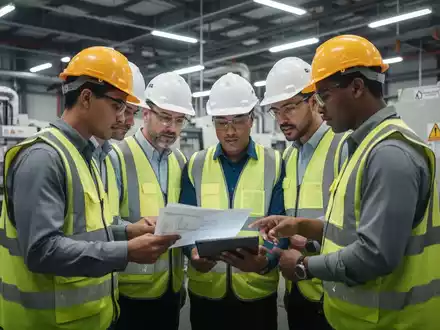 Sicherheitsexperten in Schutzwesten und Helmen bei einer Inspektion in einer Industrieanlage, überprüfen Dokumente auf einem Tablet. - Foto: über boerse-global.de