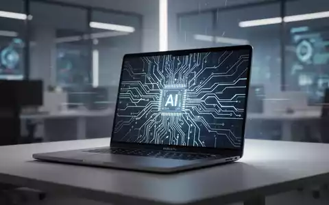 Schlankes, modernes Apple MacBook Pro mit leuchtendem, komplexem Schaltkreisdesign auf dem Bildschirm, das KI-Prozessoren symbolisiert. - Foto: über boerse-global.de