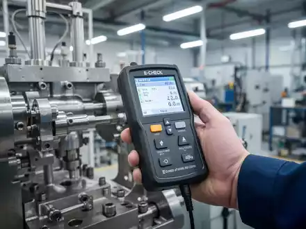 Nahaufnahme einer Hand, die ein elektrisches Prüfgerät an einer Industriemaschine im Rahmen eines E-Checks bedient. - Foto: über boerse-global.de