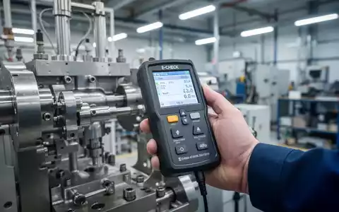 Nahaufnahme einer Hand, die ein elektrisches Prüfgerät an einer Industriemaschine im Rahmen eines E-Checks bedient. - Foto: über boerse-global.de