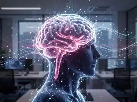 Eine stilisierte Darstellung eines menschlichen Kopfes mit einem leuchtenden neuronalen Netzwerk und digitalen Datenströmen, die kognitive Verbesserung symbolisieren. - Foto: über boerse-global.de