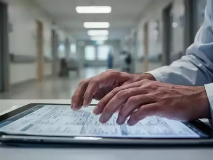 Nahaufnahme der Hände einer Pflegekraft, die auf einem medizinischen Dokument ruhen, mit verschwommenem Hintergrund eines Krankenhausflurs. - Foto: über boerse-global.de