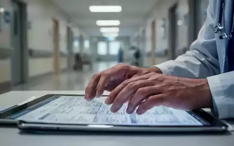 Nahaufnahme der Hände einer Pflegekraft, die auf einem medizinischen Dokument ruhen, mit verschwommenem Hintergrund eines Krankenhausflurs. - Foto: über boerse-global.de