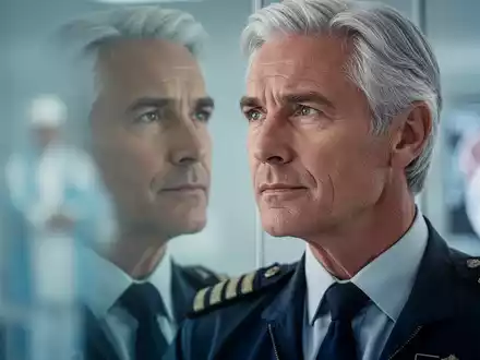 Ein nachdenklicher älterer Mann mit silbernem Haar, der an einen Piloten erinnert, in sanftem Licht, der in die Ferne blickt. - Foto: über boerse-global.de