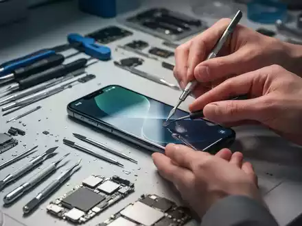 Hände reparieren ein Smartphone auf einer Werkbank mit Werkzeugen und Elektronik, symbolisiert nachhaltigen Konsum und Reparatur. - Foto: über boerse-global.de