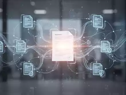 Digitale Oberfläche mit vernetzten Dokumentsymbolen und fließenden Linien, die effiziente digitale Arbeitsabläufe und KI-Automatisierung symbolisiert. - Foto: über boerse-global.de