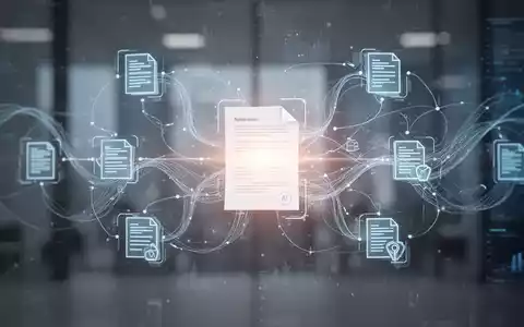 Digitale Oberfläche mit vernetzten Dokumentsymbolen und fließenden Linien, die effiziente digitale Arbeitsabläufe und KI-Automatisierung symbolisiert. - Foto: über boerse-global.de
