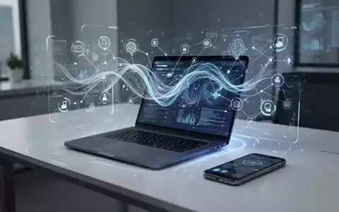 Ein futuristischer Büroschreibtisch mit Laptop und Smartphone, die digitale Datenströme und KI-Agenten symbolisieren. - Foto: über boerse-global.de