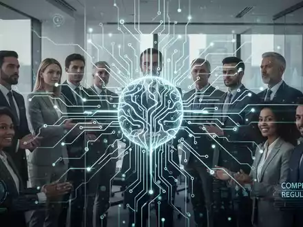 Eine Nahaufnahme einer leuchtenden Leiterplatte oder eines neuronalen Netzwerks, das über einer Gruppe von Fachleuten liegt, die in einem Büro arbeiten. - Foto: über boerse-global.de