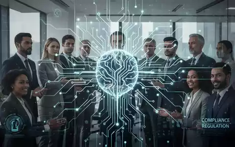 Eine Nahaufnahme einer leuchtenden Leiterplatte oder eines neuronalen Netzwerks, das über einer Gruppe von Fachleuten liegt, die in einem Büro arbeiten. - Foto: über boerse-global.de