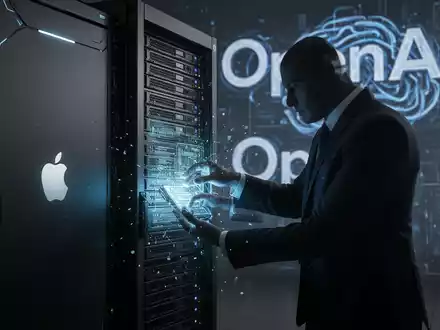 Eine schattenhafte Figur extrahiert Daten aus einem Serverrack im Apple-Stil, während ein verzerrtes OpenAI-Logo im Hintergrund schwebt. - Foto: über boerse-global.de