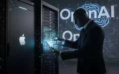 Eine schattenhafte Figur extrahiert Daten aus einem Serverrack im Apple-Stil, während ein verzerrtes OpenAI-Logo im Hintergrund schwebt. - Foto: über boerse-global.de