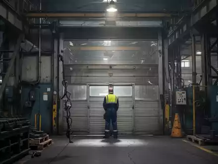 Ein Arbeiter steht vor einem geschlossenen Werkstor einer Fabrik, dämmrig beleuchtet. - Foto: über boerse-global.de