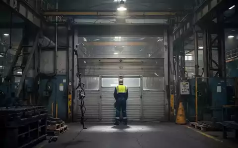 Ein Arbeiter steht vor einem geschlossenen Werkstor einer Fabrik, dämmrig beleuchtet. - Foto: über boerse-global.de