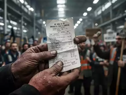 Nahaufnahme der Hände eines Fabrikarbeiters, die einen zerknitterten Lohnzettel halten, im Hintergrund eine verschwommene Menschenmenge. - Foto: über boerse-global.de