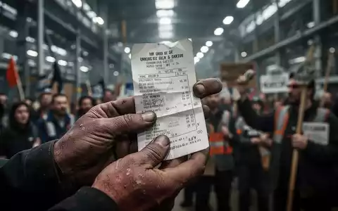 Nahaufnahme der Hände eines Fabrikarbeiters, die einen zerknitterten Lohnzettel halten, im Hintergrund eine verschwommene Menschenmenge. - Foto: über boerse-global.de