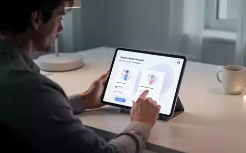 Eine Person sitzt an einem Schreibtisch und schaut auf ein Tablet, das eine App für psychische Gesundheit anzeigt. Die Umgebung ist modern und ruhig. - Foto: über boerse-global.de
