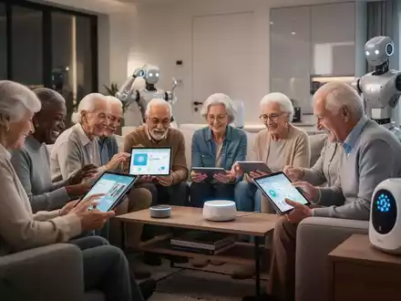 Senioren nutzen digitale Tablets und KI-Geräte in einem modernen Wohnzimmer, im Hintergrund ein dezenter Roboter-Assistent. - Foto: über boerse-global.de