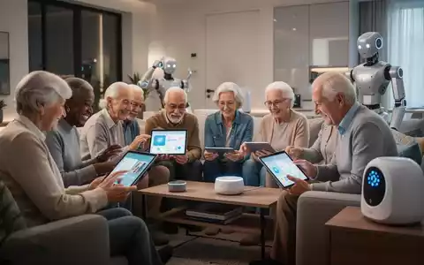 Senioren nutzen digitale Tablets und KI-Geräte in einem modernen Wohnzimmer, im Hintergrund ein dezenter Roboter-Assistent. - Foto: über boerse-global.de