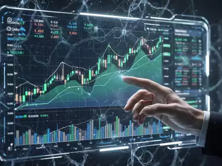 Leuchtendes digitales Interface mit Finanzdiagrammen und KI-Neuronalnetz-Mustern, eine Hand interagiert mit dem Bildschirm. - Foto: über boerse-global.de
