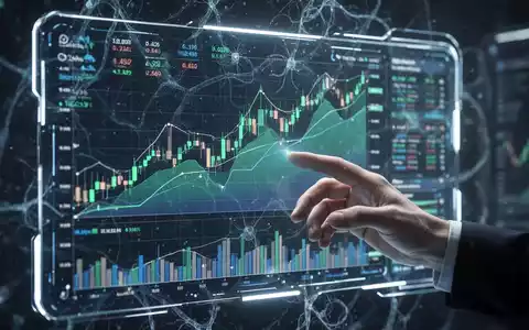 Leuchtendes digitales Interface mit Finanzdiagrammen und KI-Neuronalnetz-Mustern, eine Hand interagiert mit dem Bildschirm. - Foto: ĂŒber boerse-global.de