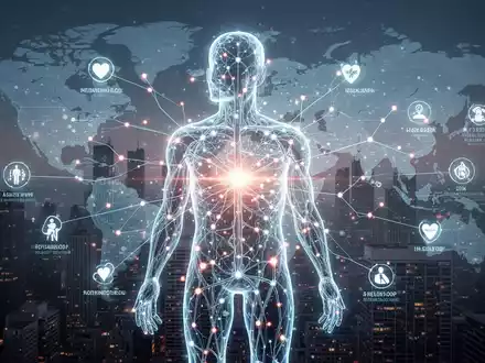 Stilisierte menschliche Silhouette mit leuchtendem neuronalen Netz, Datenpunkte zu Gesundheitsindikatoren, vor globaler Stadtsilhouette. - Foto: über boerse-global.de