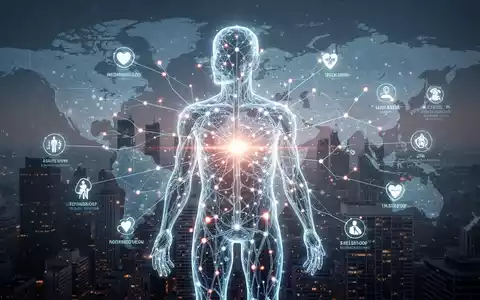 Stilisierte menschliche Silhouette mit leuchtendem neuronalen Netz, Datenpunkte zu Gesundheitsindikatoren, vor globaler Stadtsilhouette. - Foto: über boerse-global.de