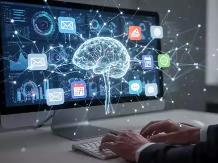 Leuchtende neuronale Netzwerkoberfläche auf einem Desktop-Bildschirm, die KI-gesteuerte Anwendungen und Datenintegration für Produktivität zeigt. - Foto: über boerse-global.de